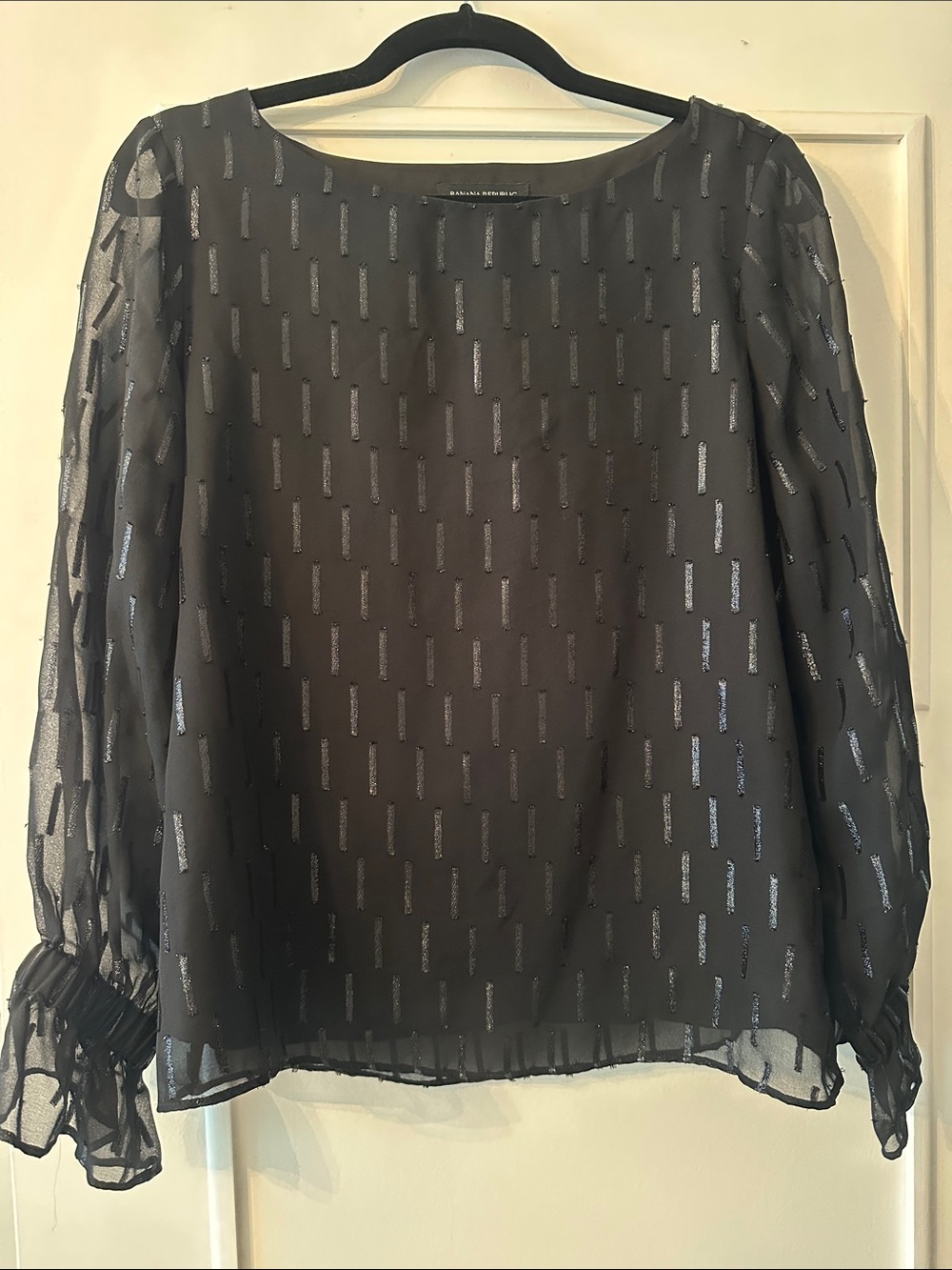 Banana Republic Black Sheer Blouse with Silver Metallic Stripes
